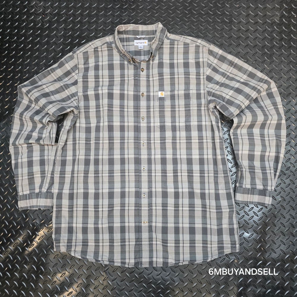 Carhartt Mens XL Tall Relaxed Fit Plaid Button Down Shirt Gray Tan 104444 029 - Picture 2 of 14